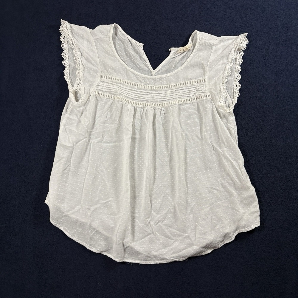 Copper Key Womens White Swiss Dot Flutter Sleeve Blouse Top Lace Trim Size L